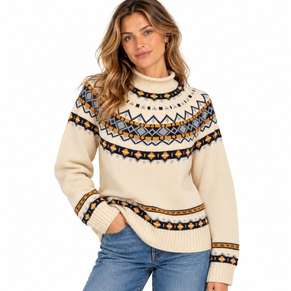 J.Crew Fair Isle Lambswool Blend Mock Neck Sweater M Ivory Ski Nordic Winter